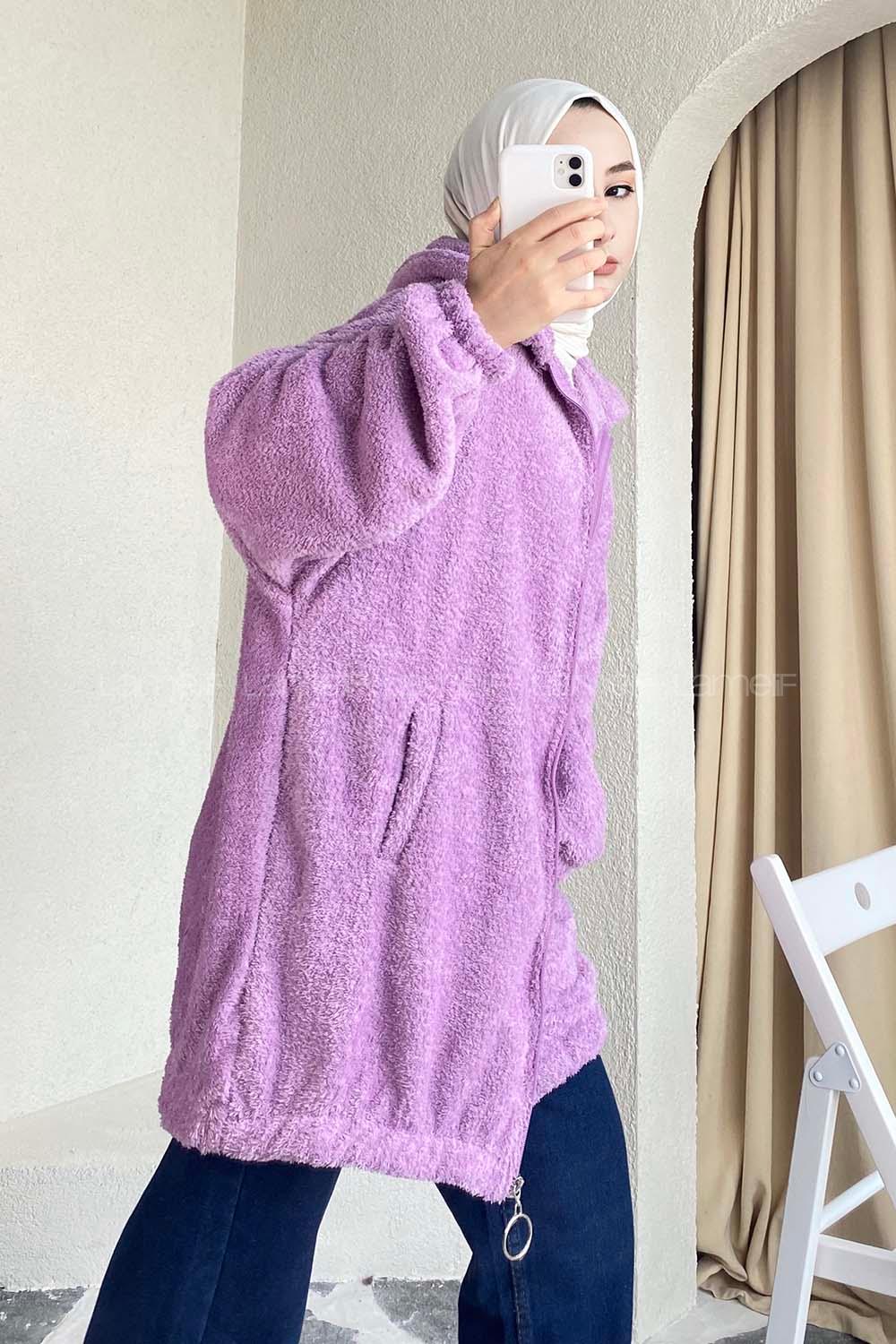 Modalamelif Fermuar Detaylı Peluş  Hırka Lila