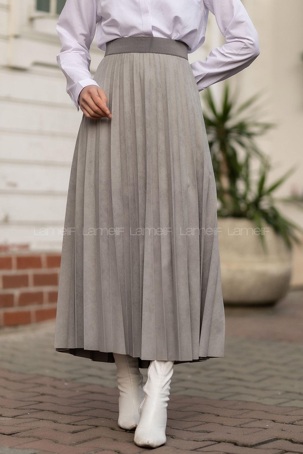 Modalamelif Piliseli Süet Etek Gri