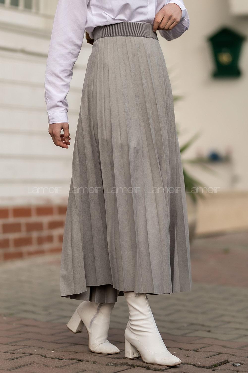 Modalamelif Piliseli Süet Etek Gri