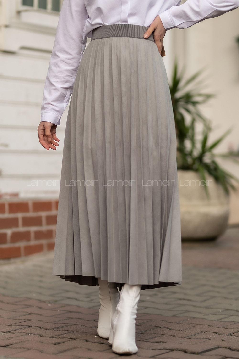 Modalamelif Piliseli Süet Etek Gri