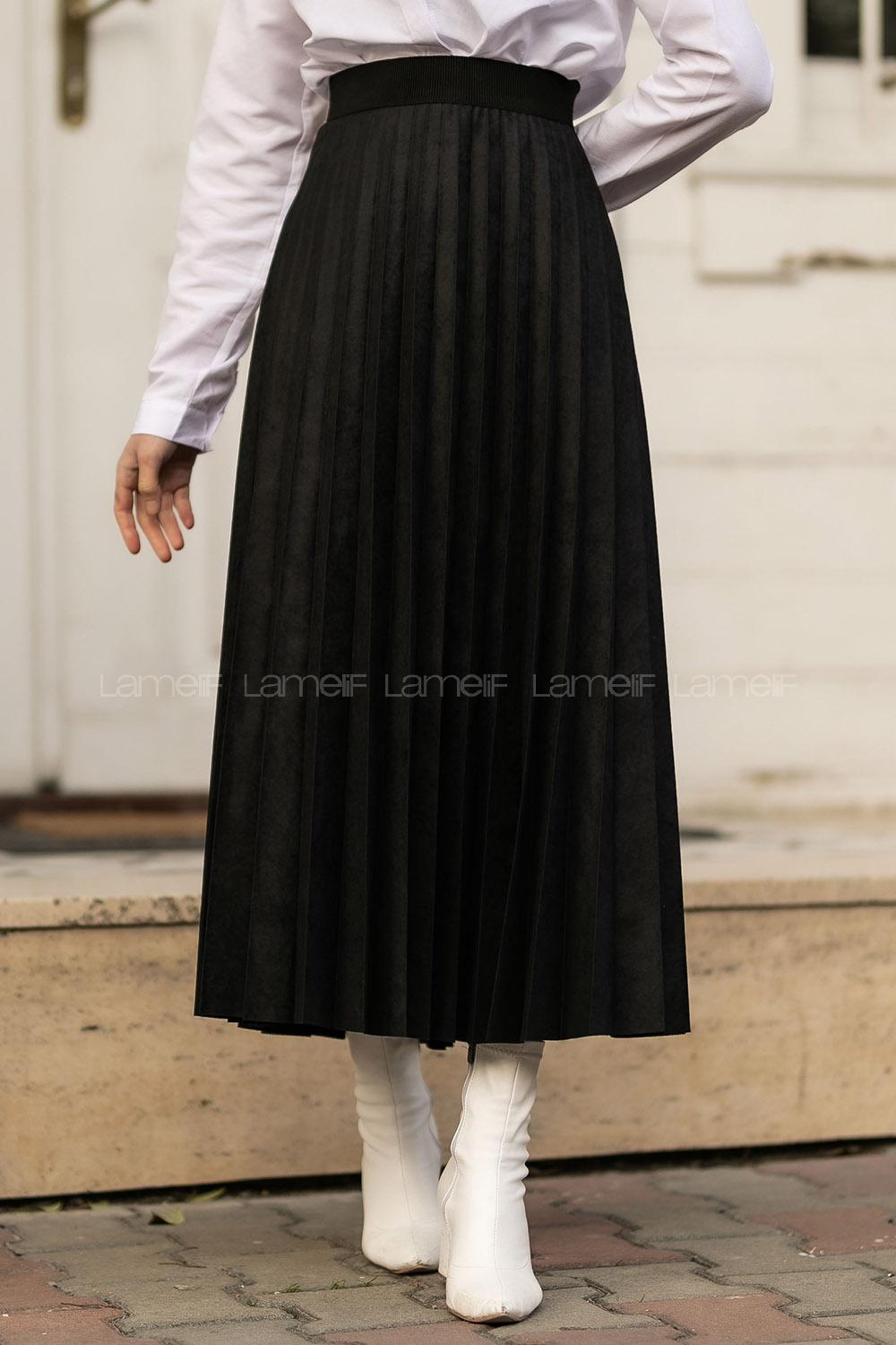 Modalamelif Piliseli Süet Etek Siyah