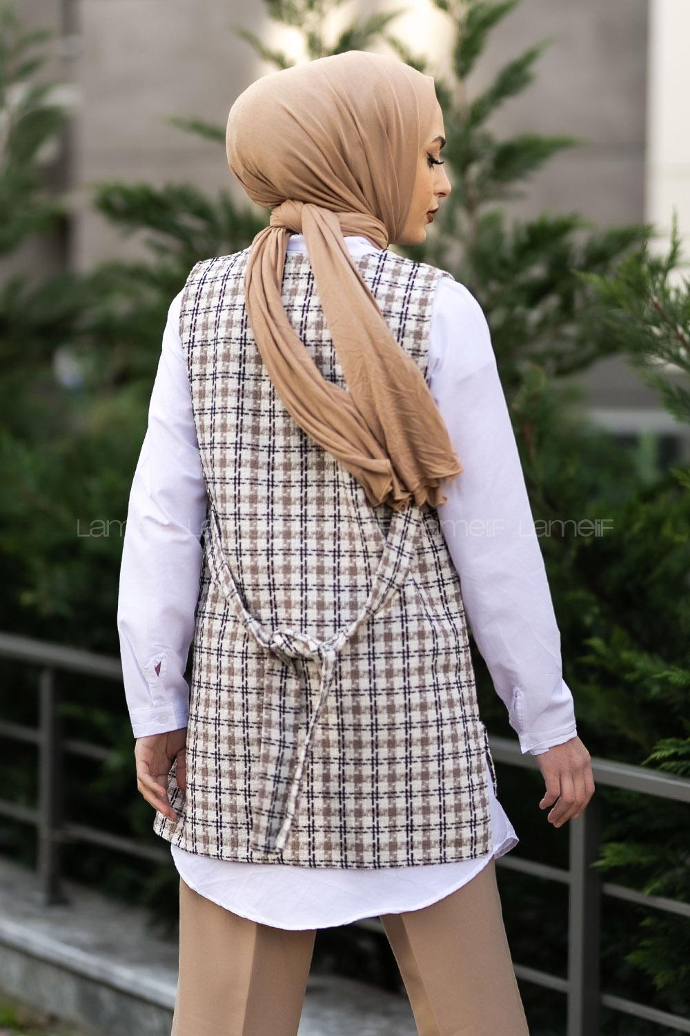 Modalamelif V Yaka Ekose Desen Kuşaklı Süveter Bej