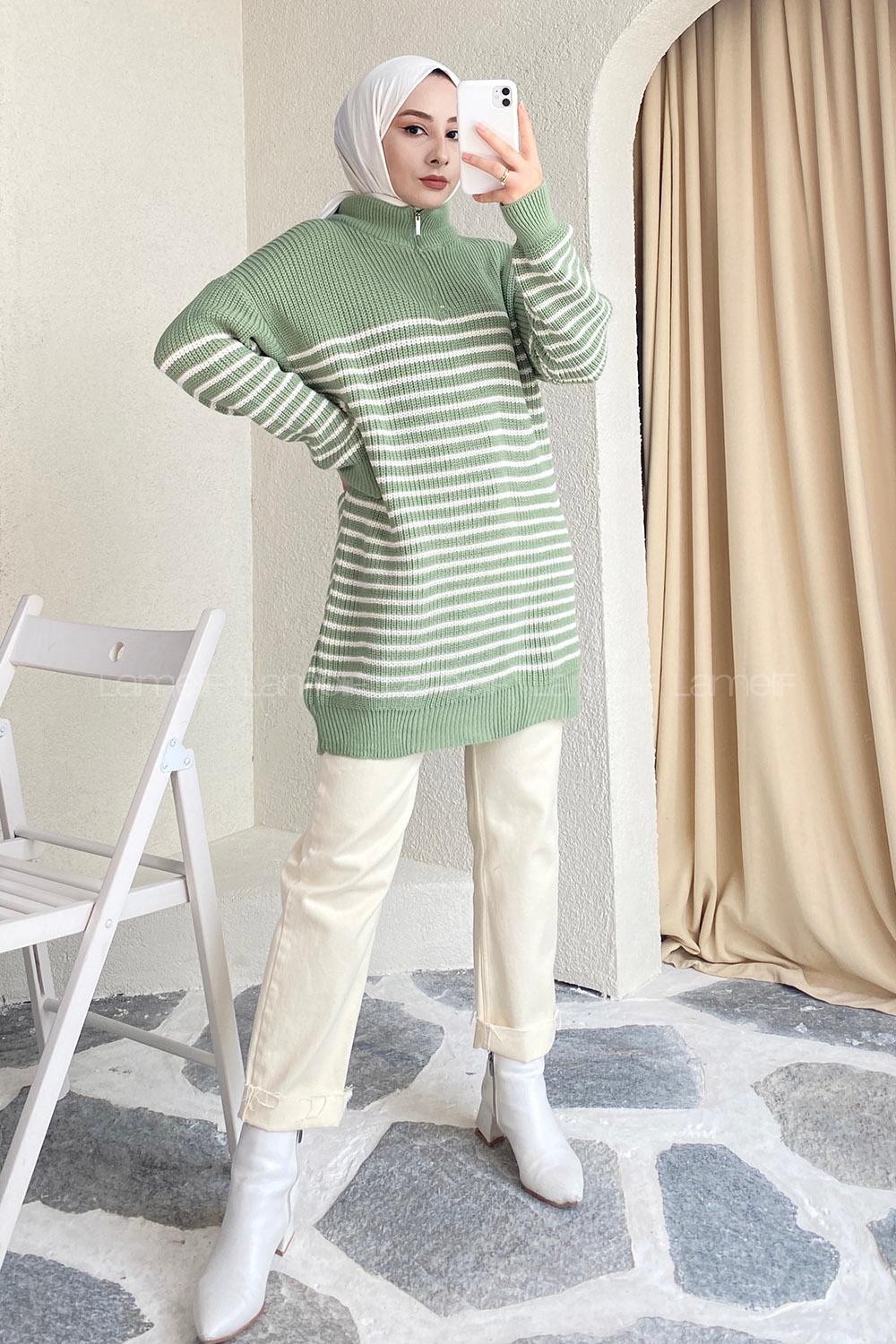 Modalamelif Yarım Fermuarlı Çizgili Triko Kazak Çağla Yeşili
