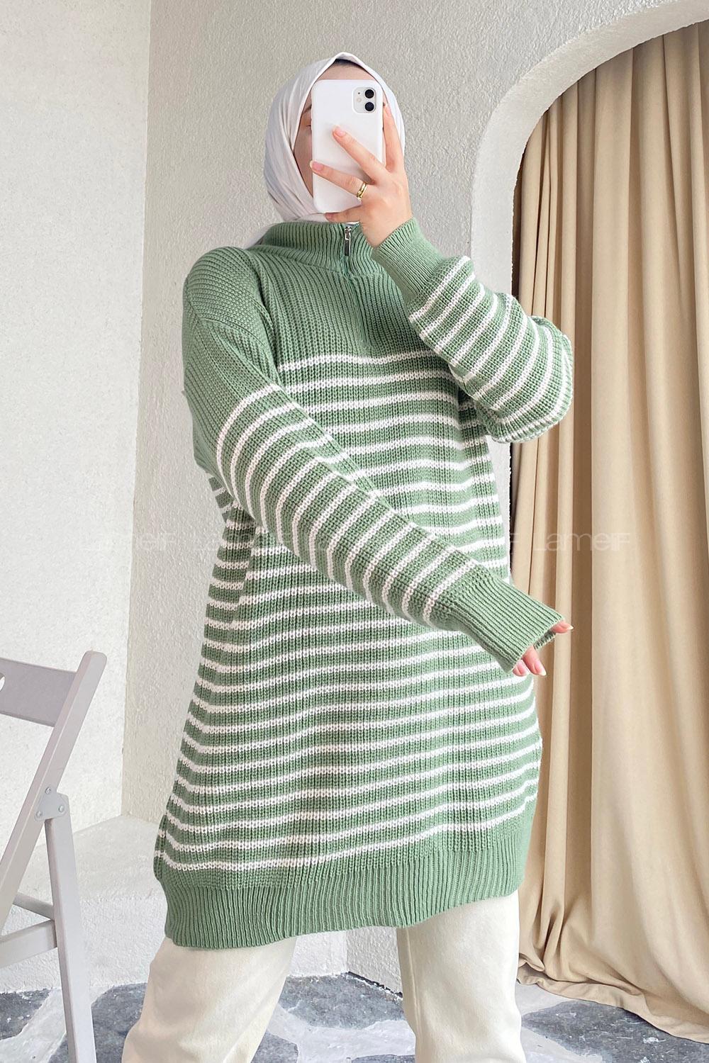 Modalamelif Yarım Fermuarlı Çizgili Triko Kazak Çağla Yeşili