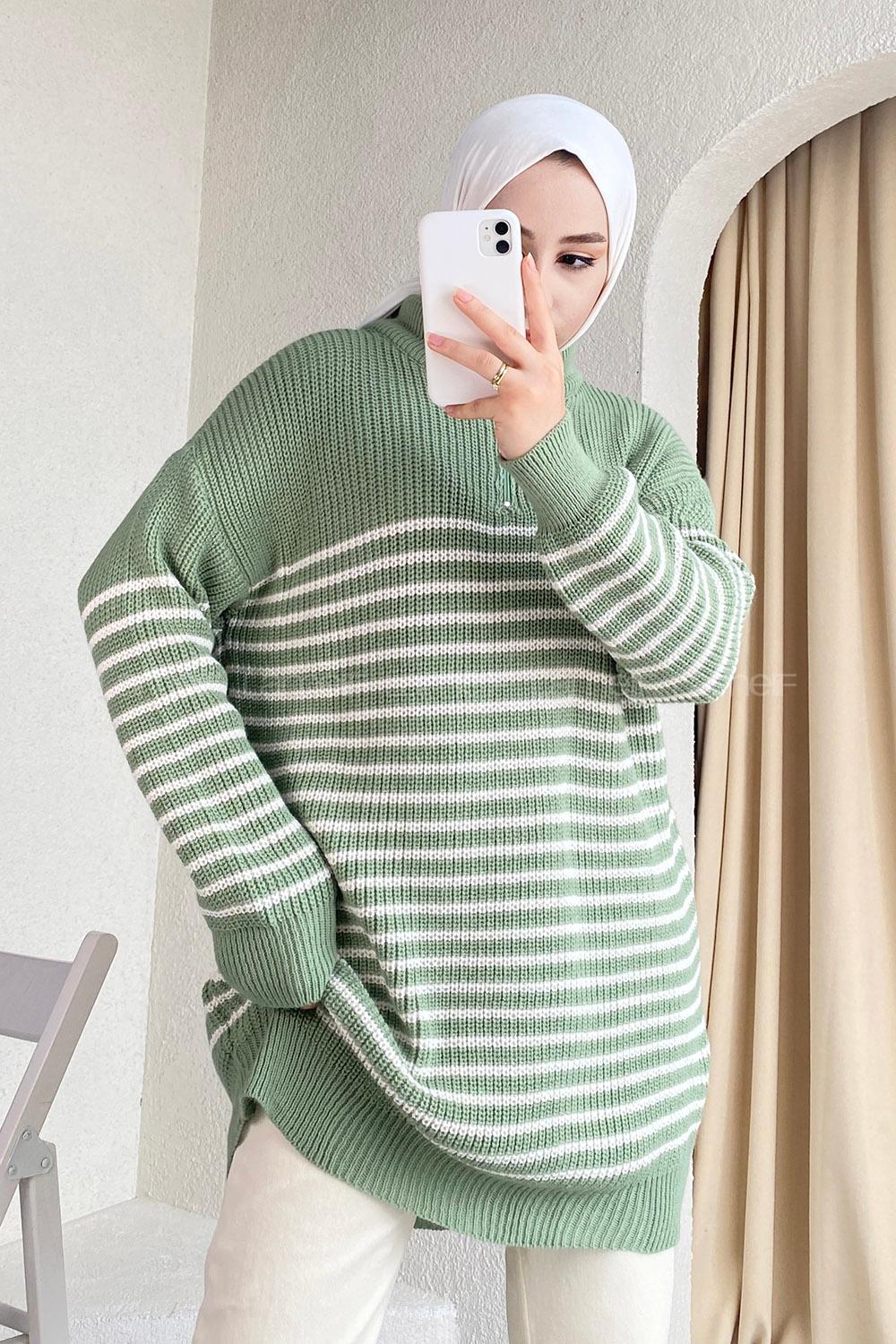 Modalamelif Yarım Fermuarlı Çizgili Triko Kazak Çağla Yeşili