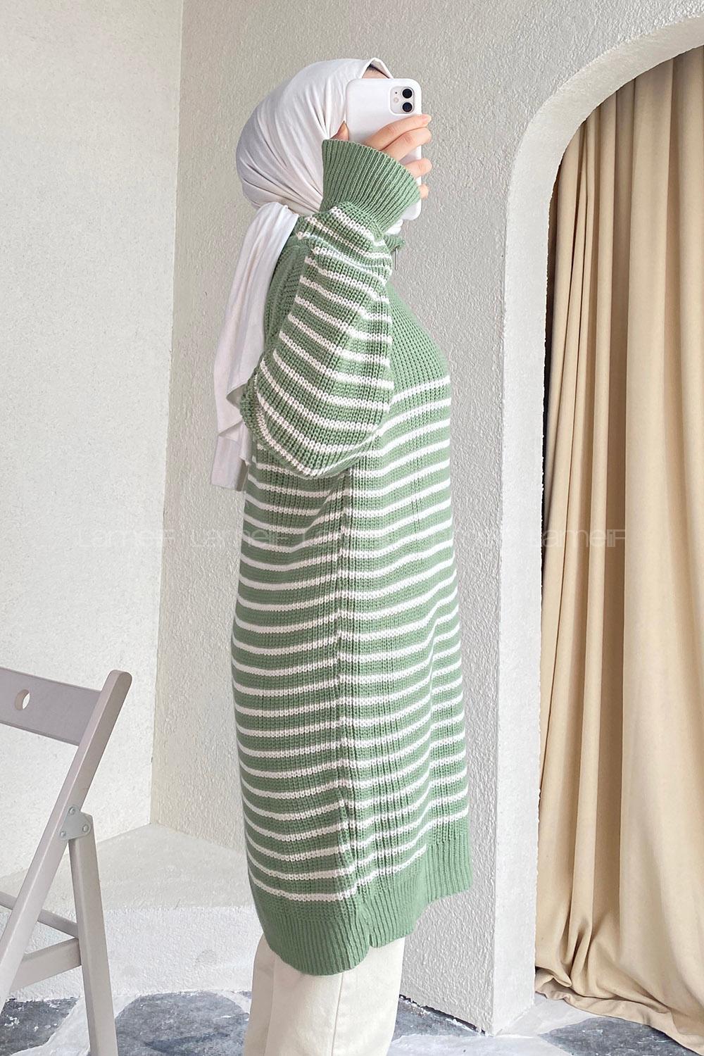 Modalamelif Yarım Fermuarlı Çizgili Triko Kazak Çağla Yeşili