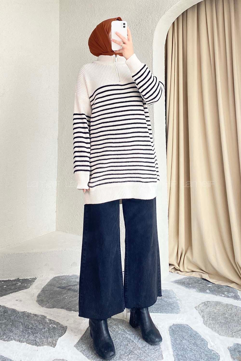 Modalamelif Yarım Fermuarlı Çizgili Triko Kazak Ekru