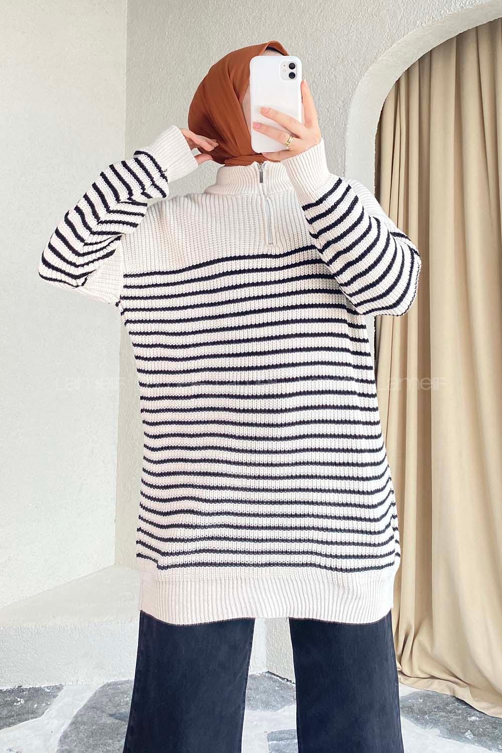 Modalamelif Yarım Fermuarlı Çizgili Triko Kazak Ekru