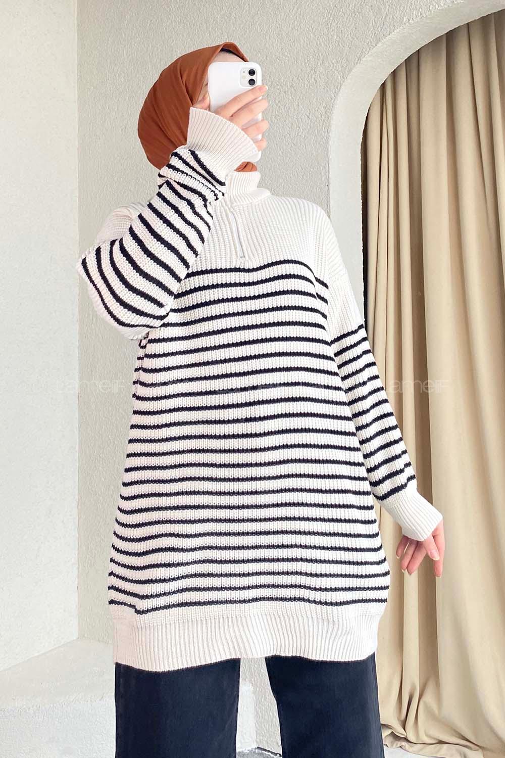 Modalamelif Yarım Fermuarlı Çizgili Triko Kazak Ekru