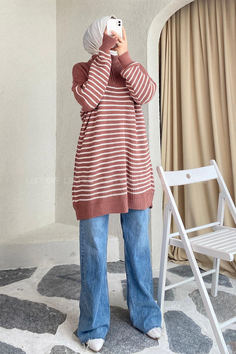 Modalamelif Yarım Fermuarlı Çizgili Triko Kazak Gül