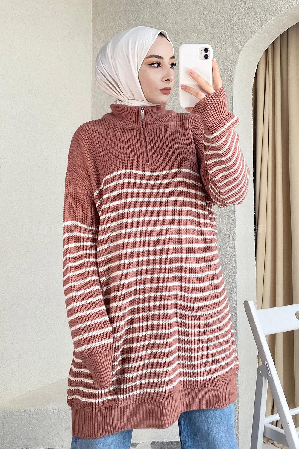 Modalamelif Yarım Fermuarlı Çizgili Triko Kazak Gül