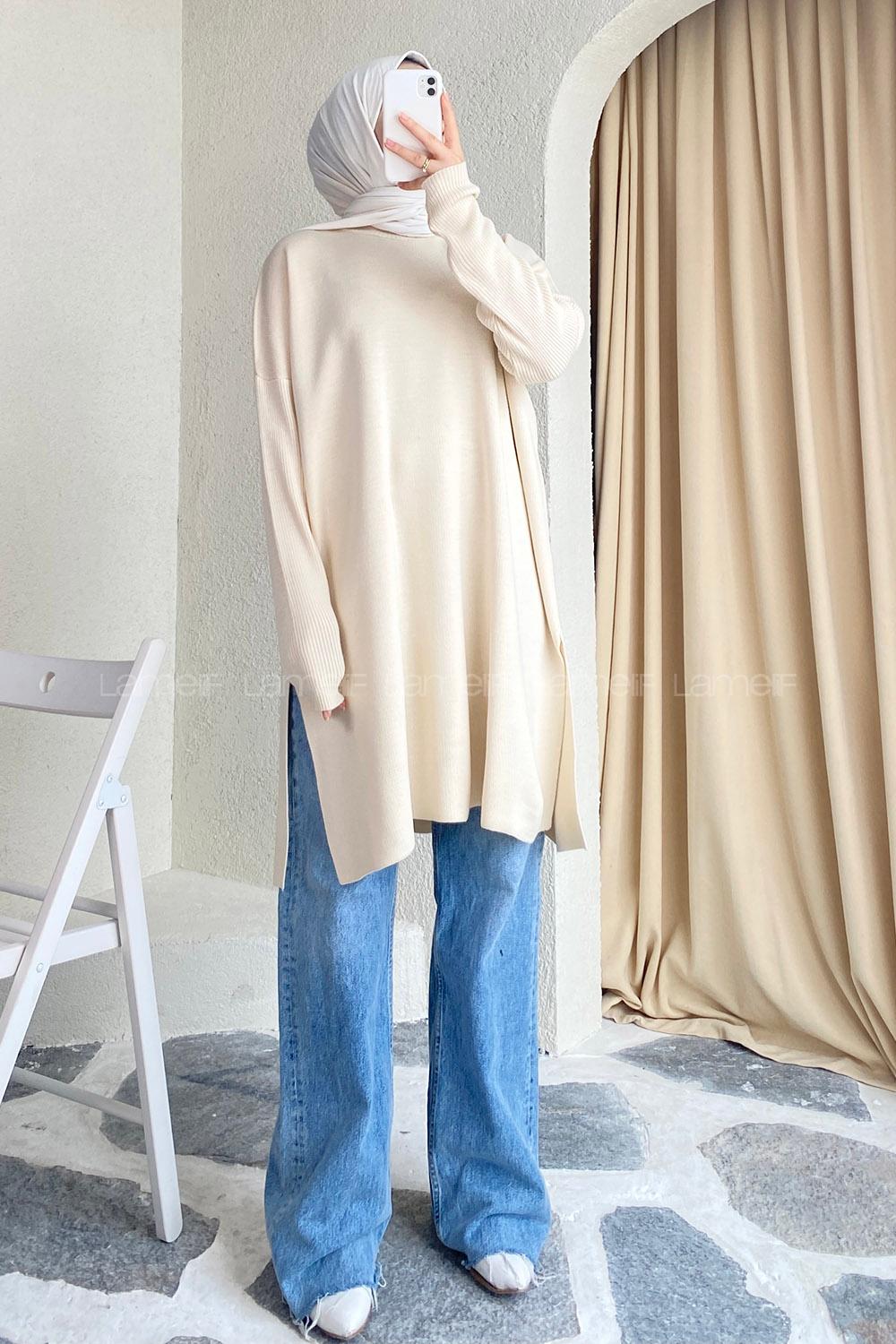 Modalamelif Yırtmaç Detaylı Tunik Bej