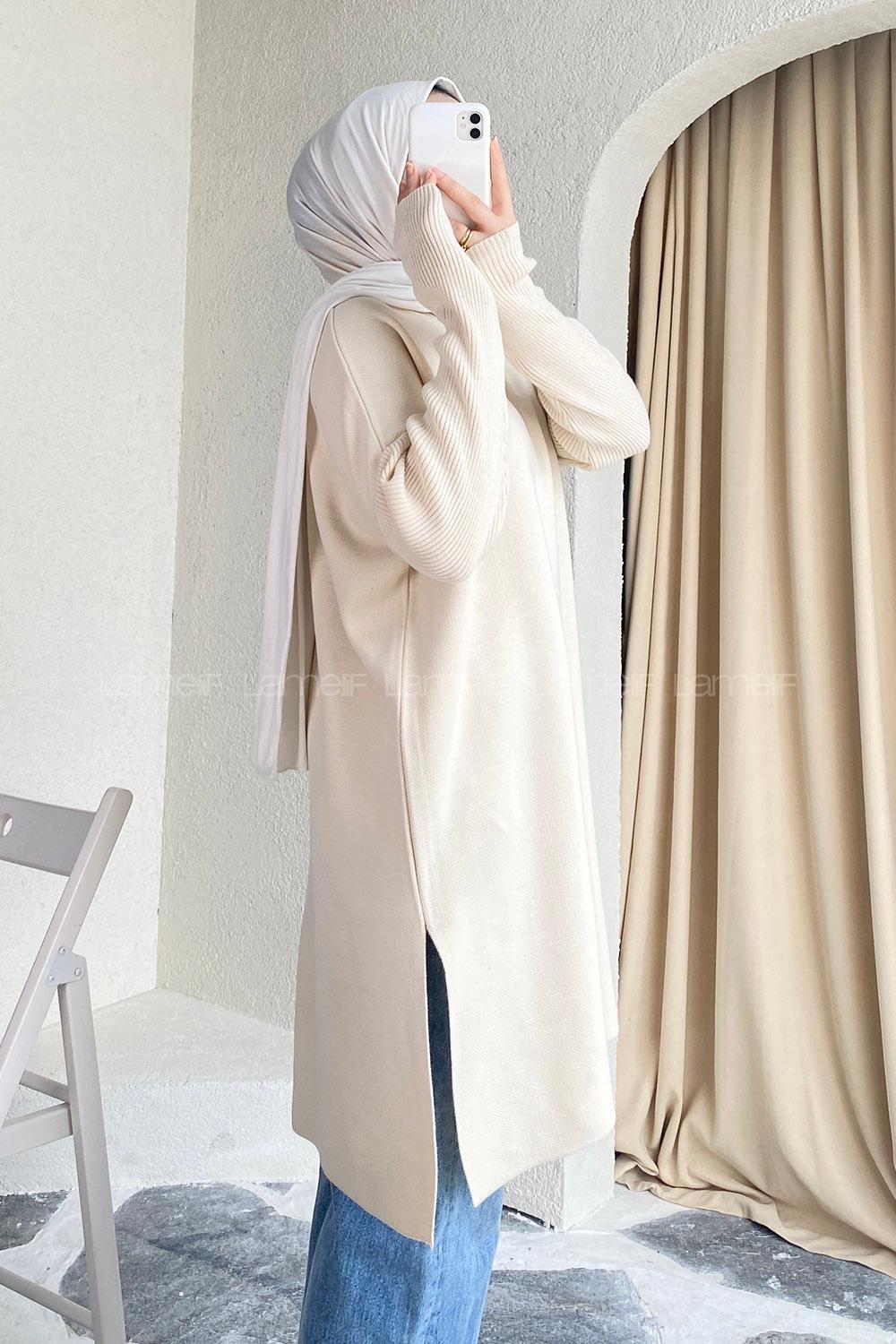 Modalamelif Yırtmaç Detaylı Tunik Bej