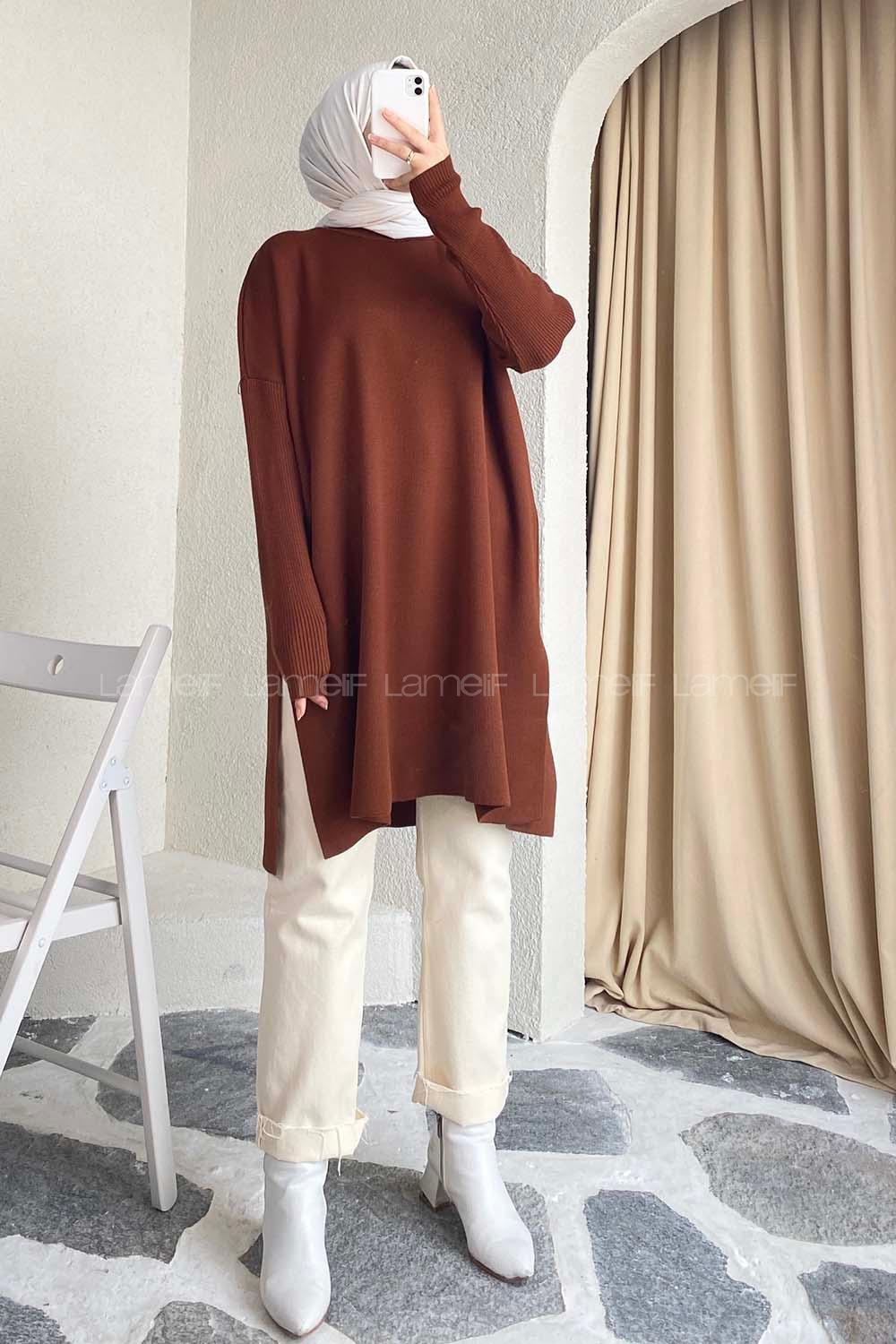 Modalamelif Yırtmaç Detaylı Tunik Kahverengi