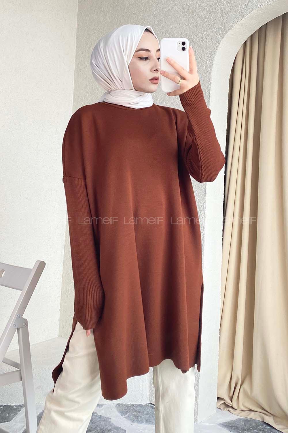 Modalamelif Yırtmaç Detaylı Tunik Kahverengi