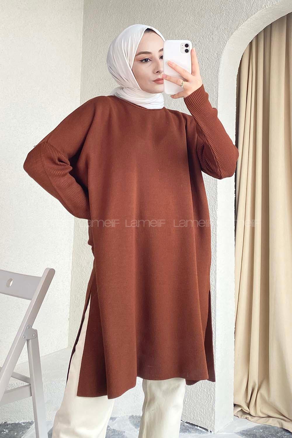 Modalamelif Yırtmaç Detaylı Tunik Kahverengi