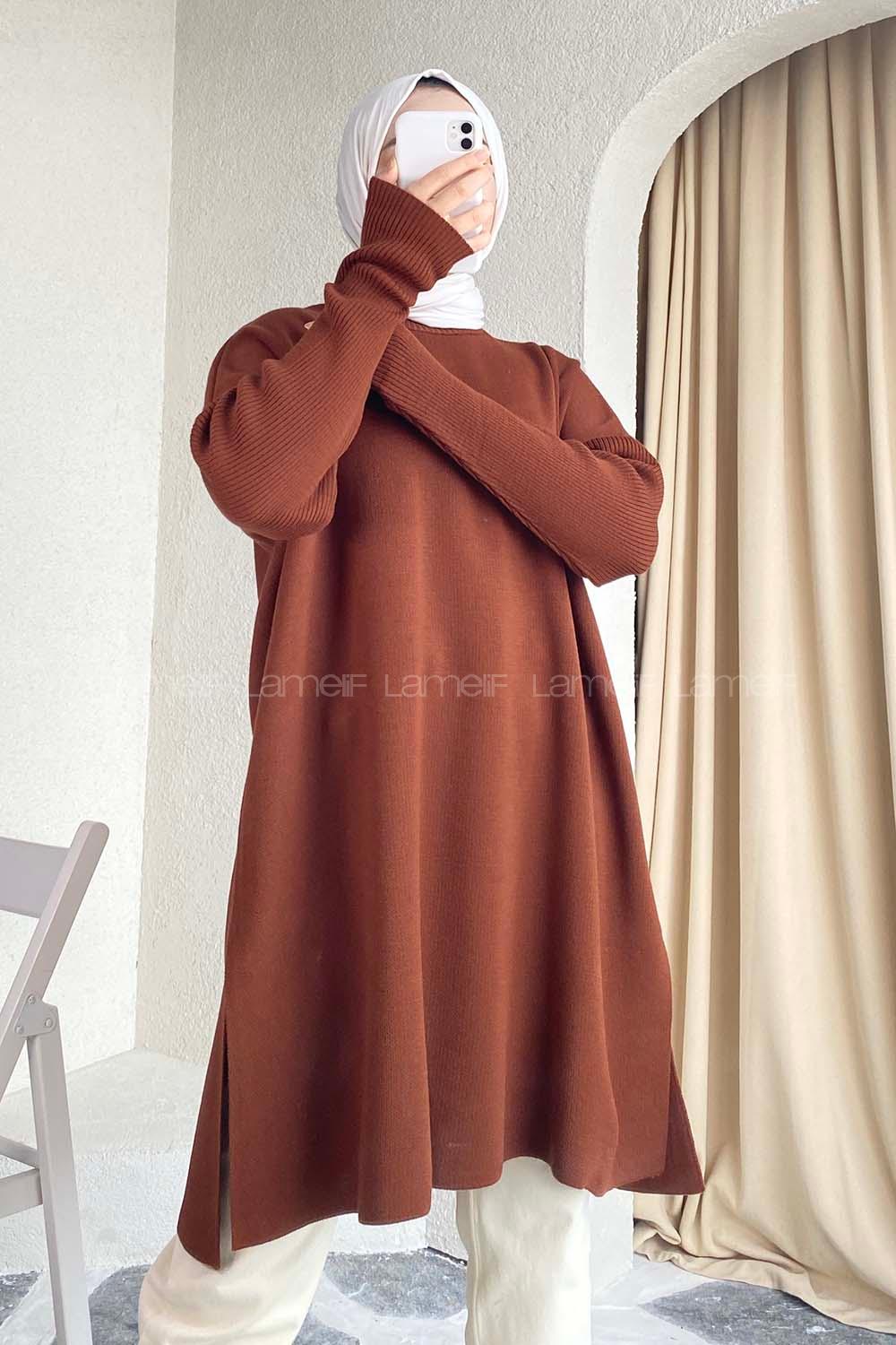 Modalamelif Yırtmaç Detaylı Tunik Kahverengi