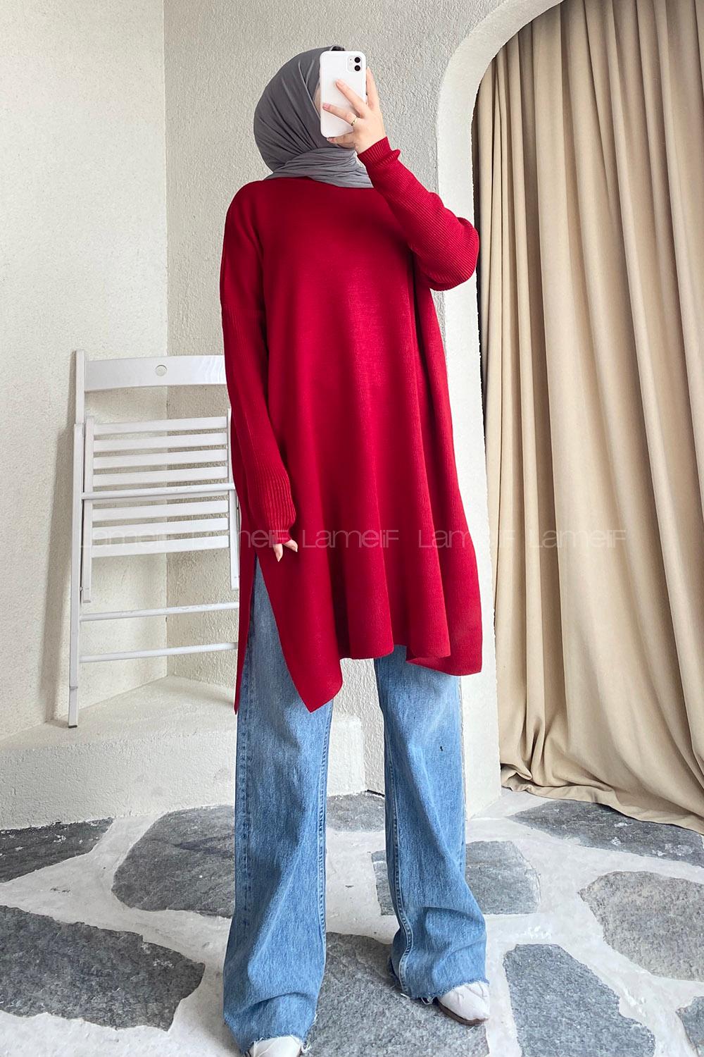 Modalamelif Yırtmaç Detaylı Tunik Kırmızı