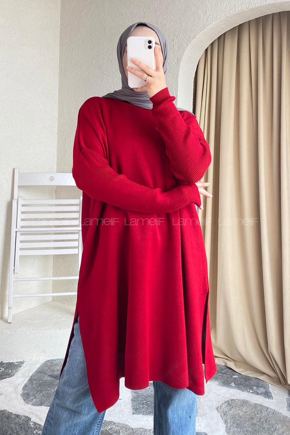 Modalamelif Yırtmaç Detaylı Tunik Kırmızı