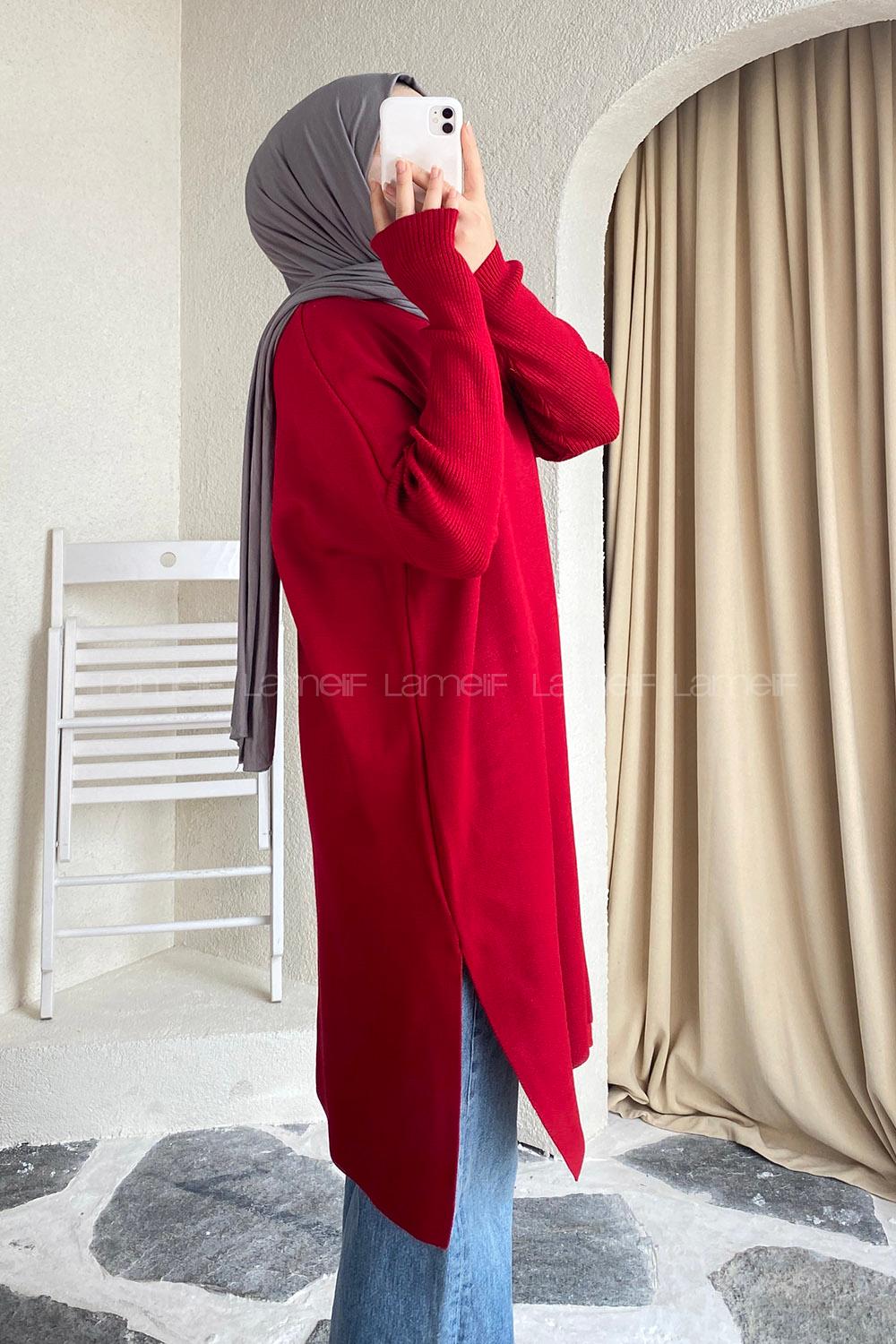 Modalamelif Yırtmaç Detaylı Tunik Kırmızı