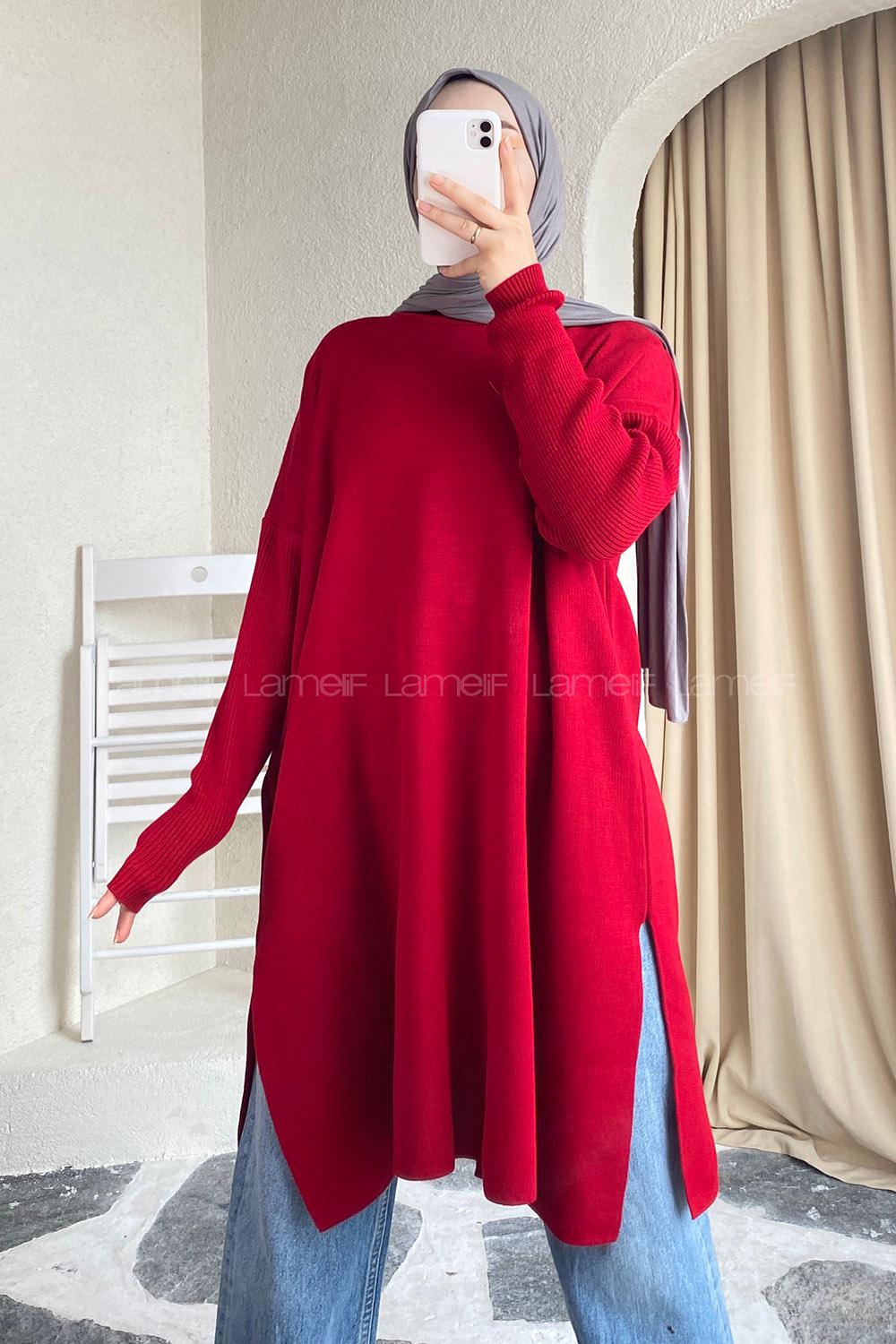 Modalamelif Yırtmaç Detaylı Tunik Kırmızı