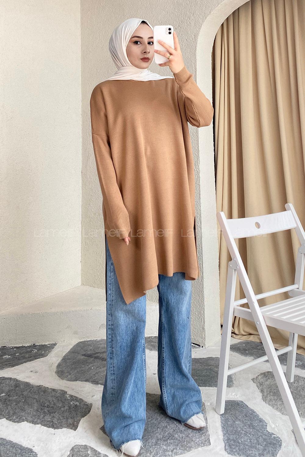 Modalamelif Yırtmaç Detaylı Tunik Sütlükahve