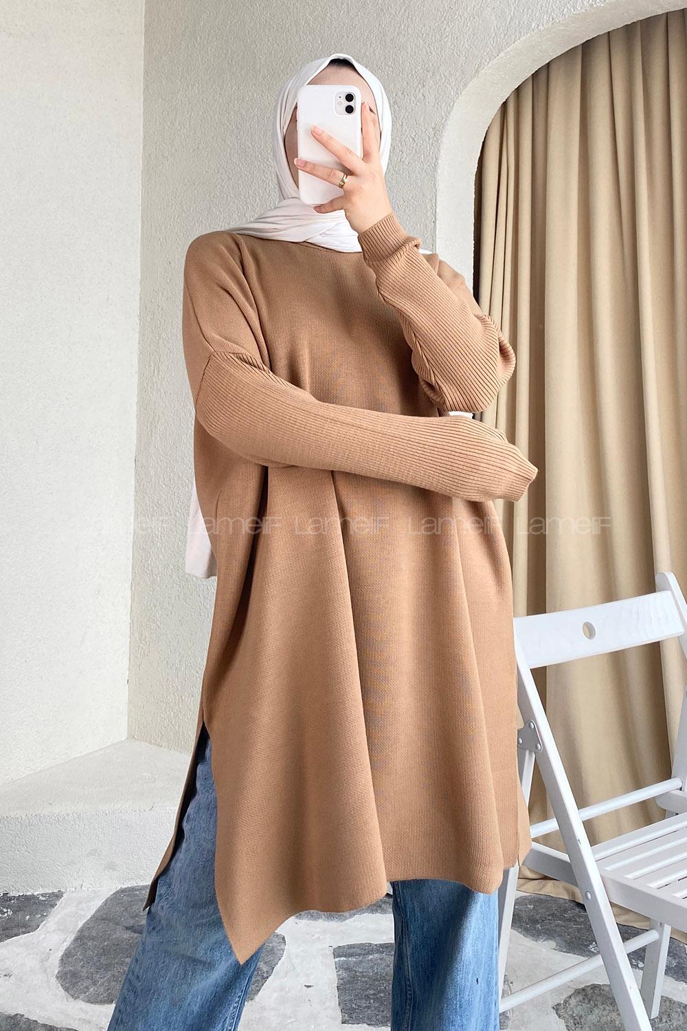 Modalamelif Yırtmaç Detaylı Tunik Sütlükahve