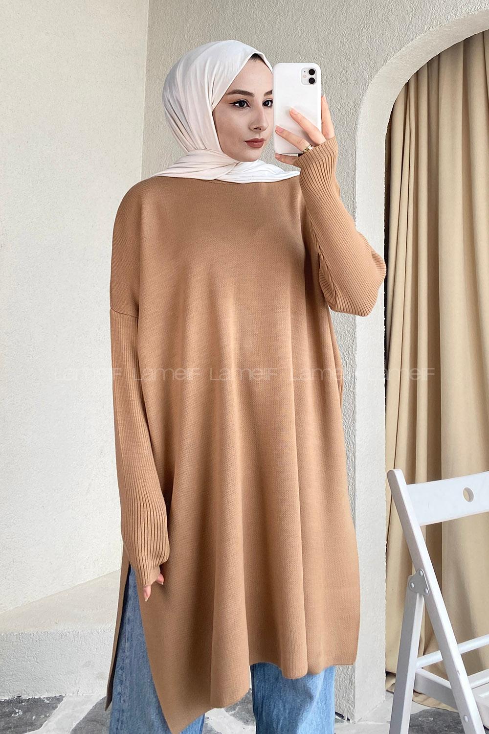 Modalamelif Yırtmaç Detaylı Tunik Sütlükahve