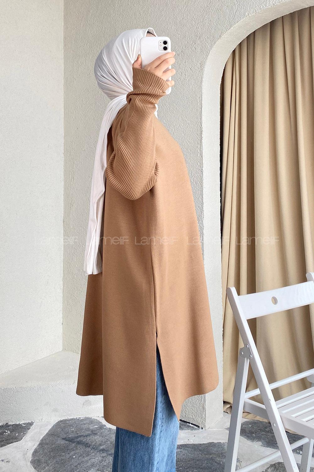 Modalamelif Yırtmaç Detaylı Tunik Sütlükahve