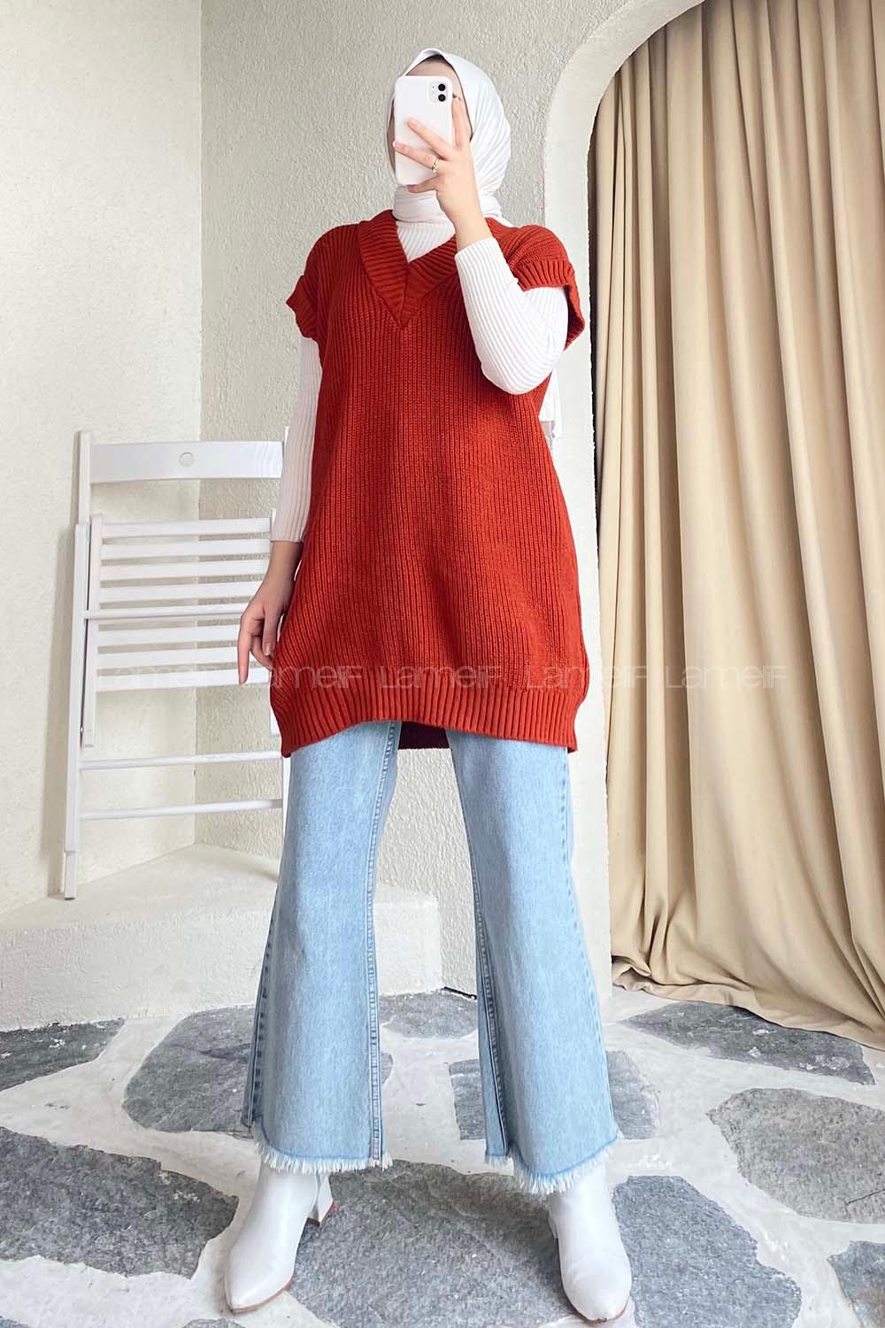 Modalamelif V Yaka Triko Süveter Kiremit