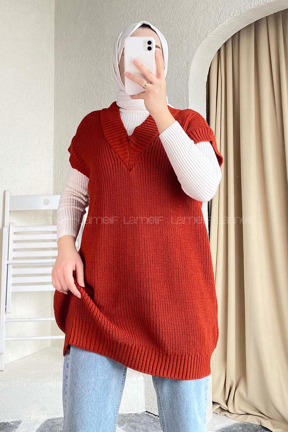 Modalamelif V Yaka Triko Süveter Kiremit