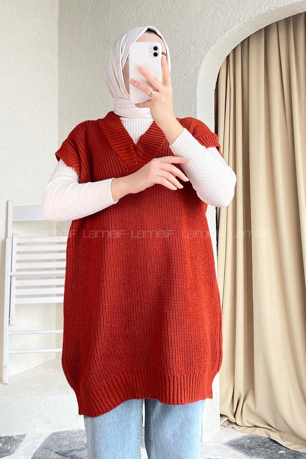 Modalamelif V Yaka Triko Süveter Kiremit