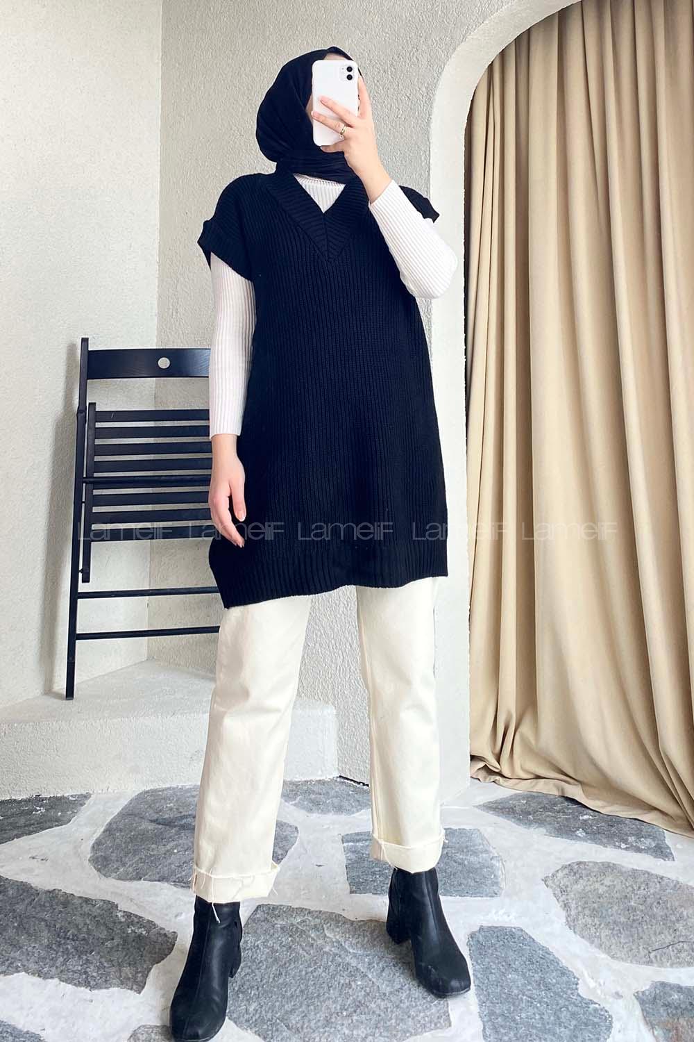 Modalamelif V Yaka Triko Süveter Siyah