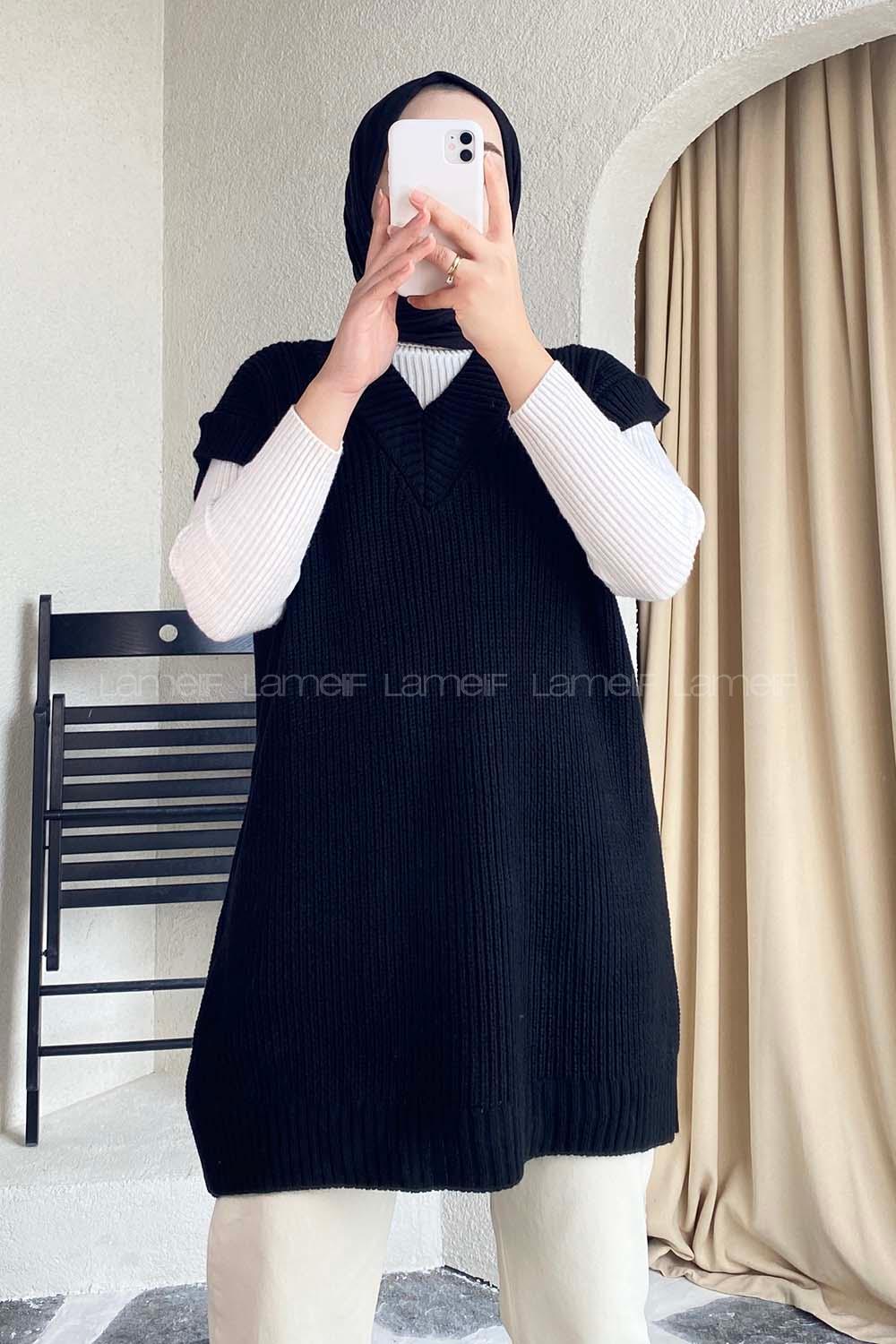 Modalamelif V Yaka Triko Süveter Siyah