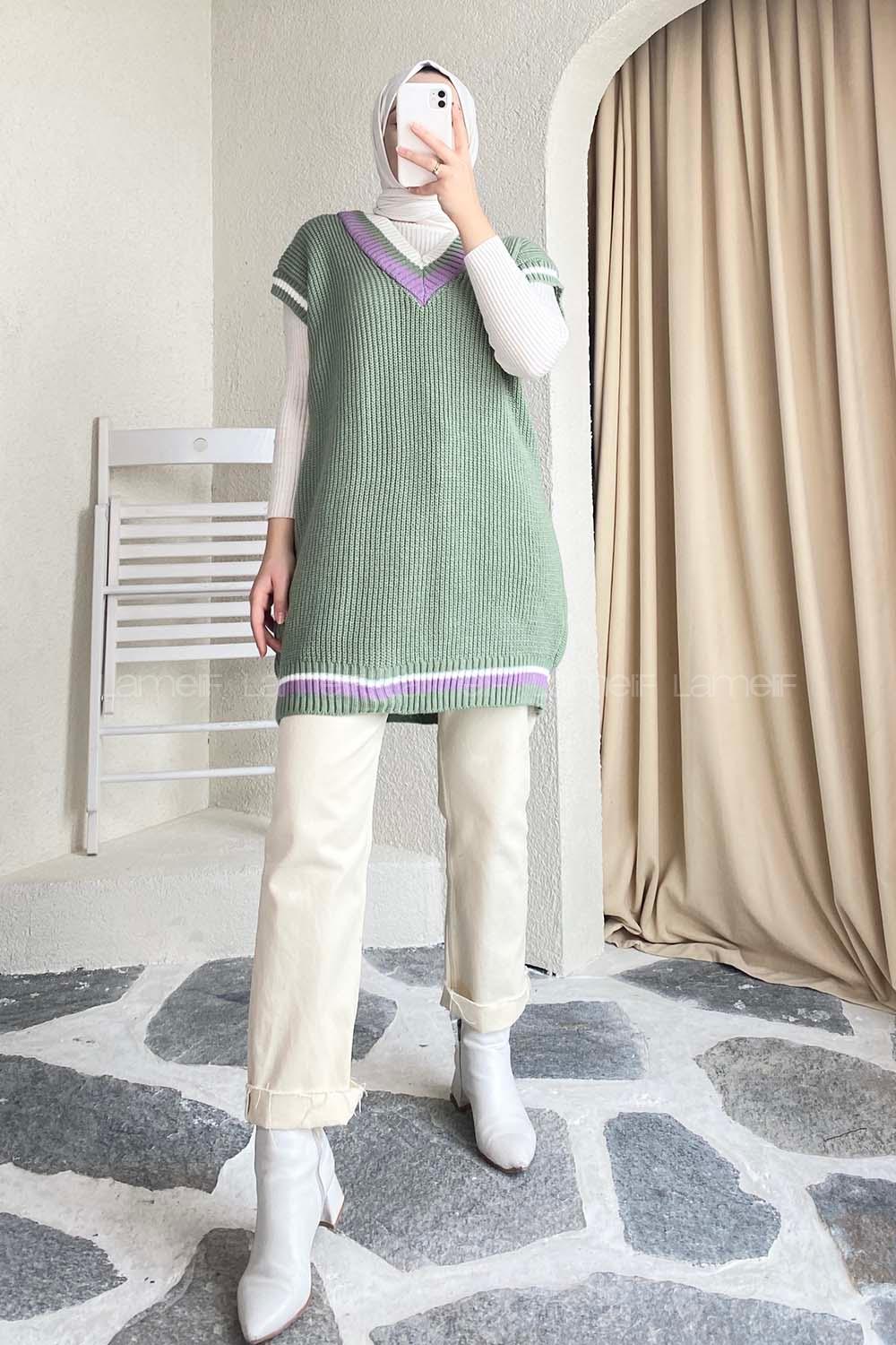 Modalamelif Yaka Renk Garnili Süveter Çağla Yeşili