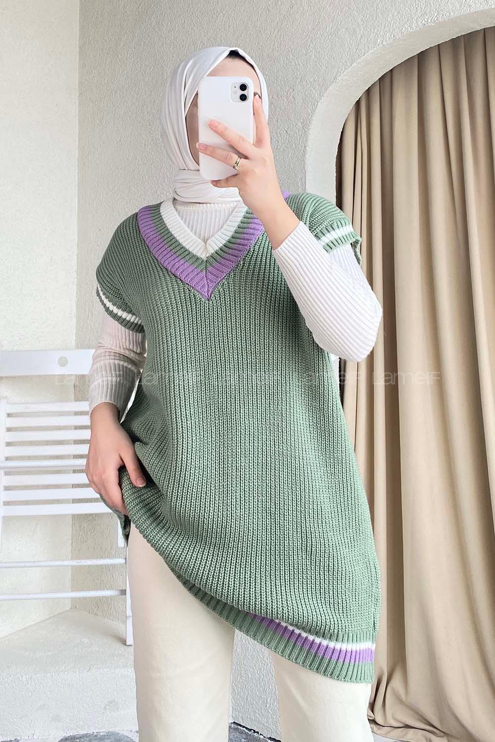 Modalamelif Yaka Renk Garnili Süveter Çağla Yeşili