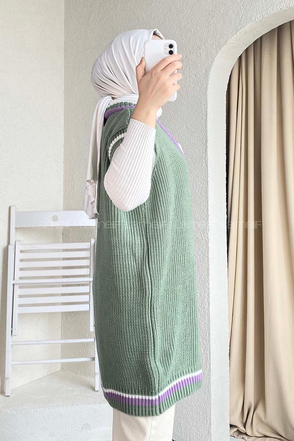 Modalamelif Yaka Renk Garnili Süveter Çağla Yeşili