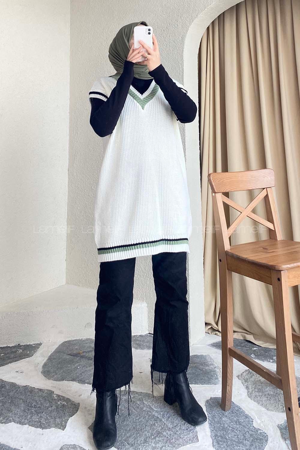 Modalamelif Yaka Renk Garnili Süveter Ekru