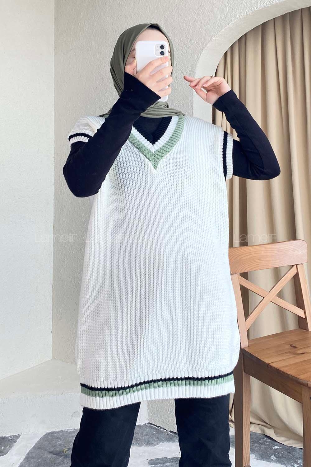 Modalamelif Yaka Renk Garnili Süveter Ekru