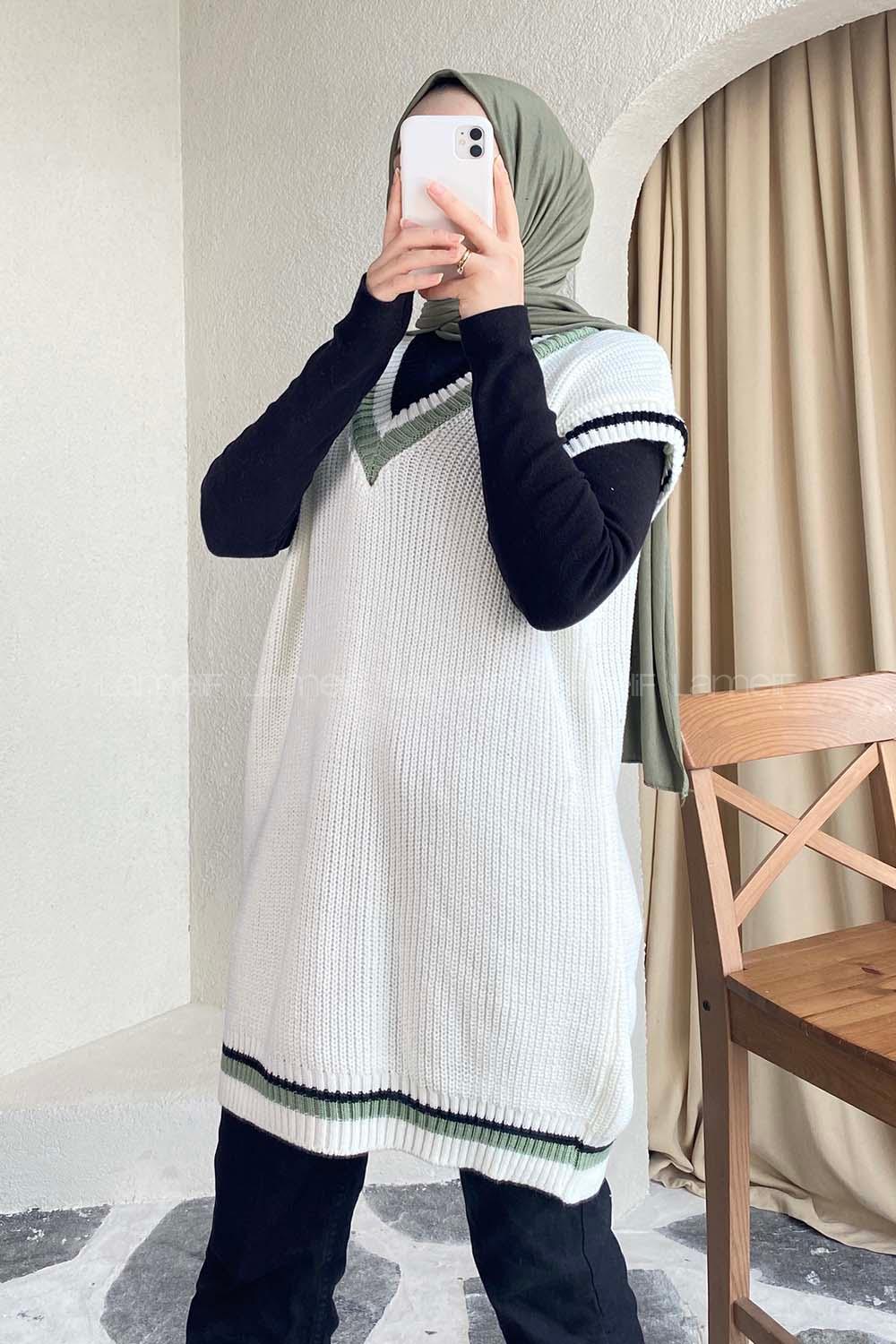 Modalamelif Yaka Renk Garnili Süveter Ekru