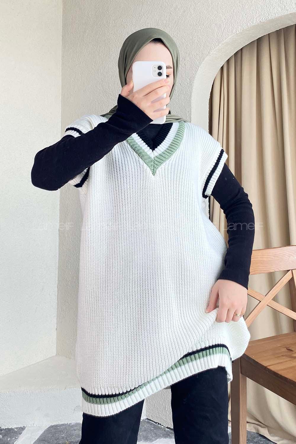 Modalamelif Yaka Renk Garnili Süveter Ekru