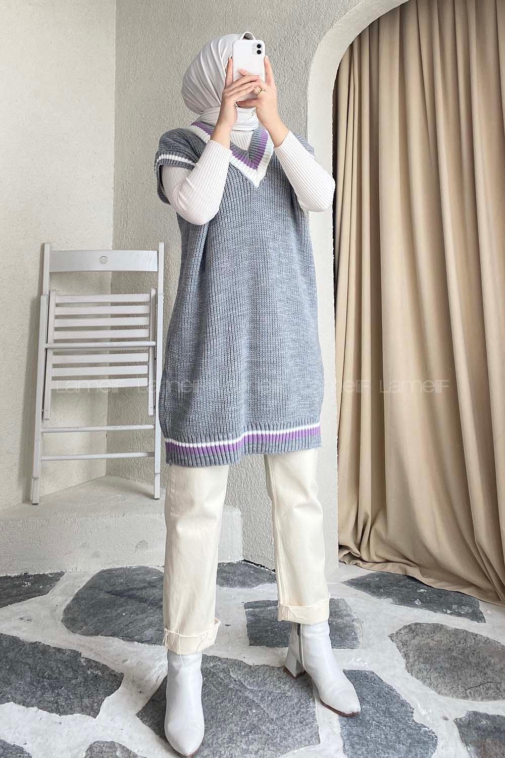 Modalamelif Yaka Renk Garnili Süveter Gri