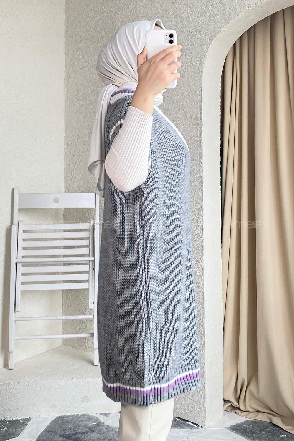 Modalamelif Yaka Renk Garnili Süveter Gri