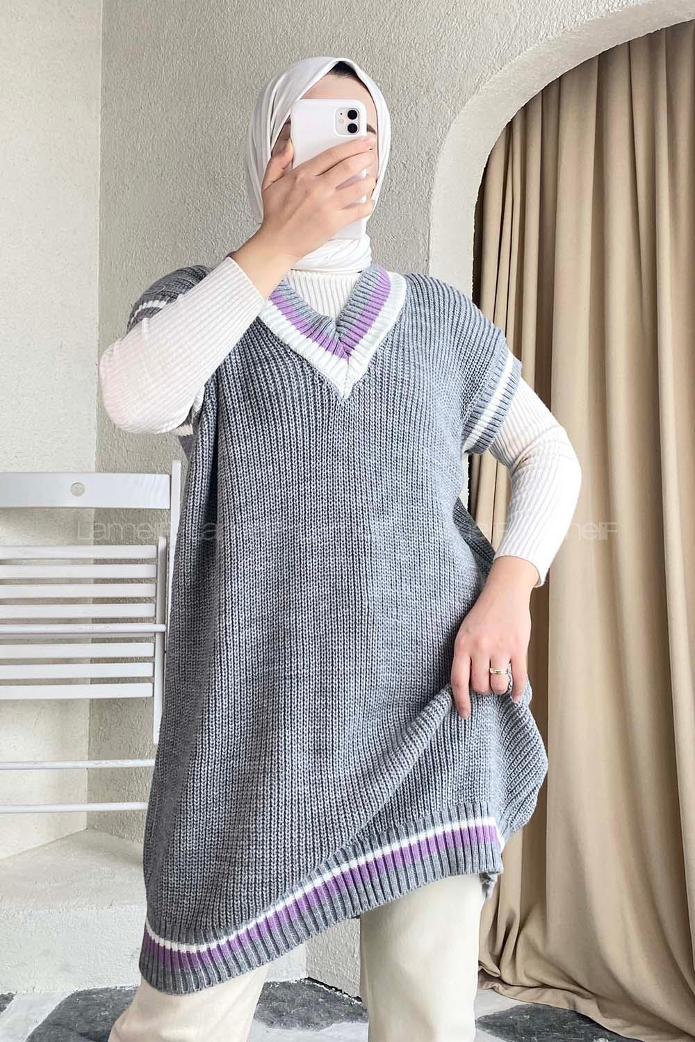 Modalamelif Yaka Renk Garnili Süveter Gri