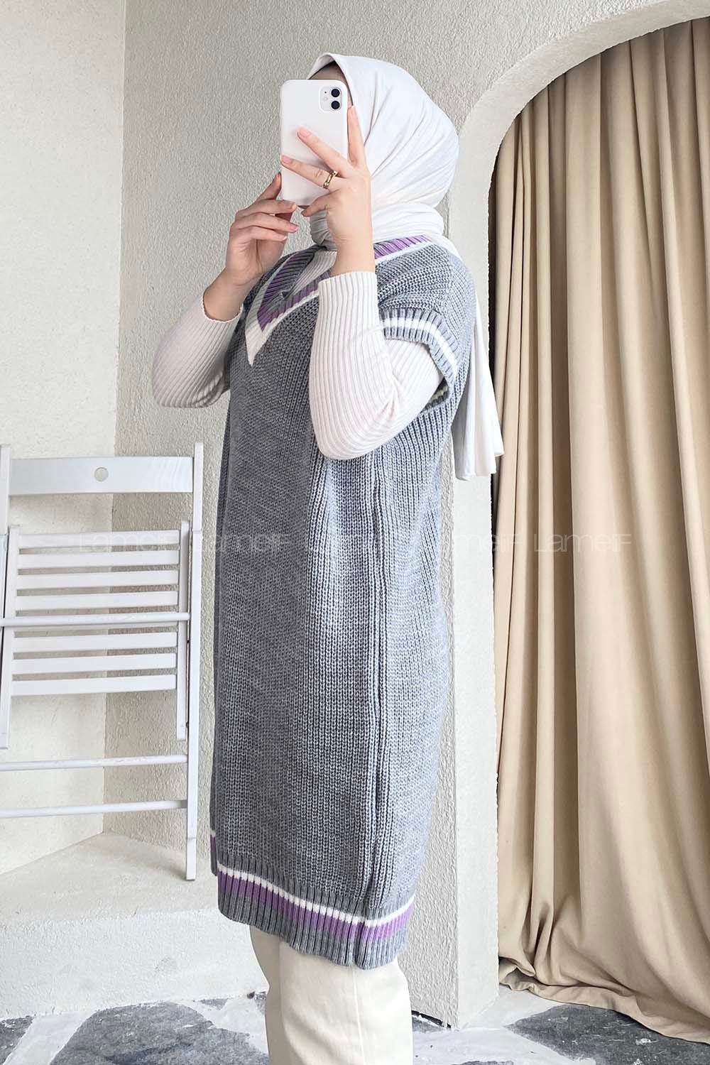 Modalamelif Yaka Renk Garnili Süveter Gri