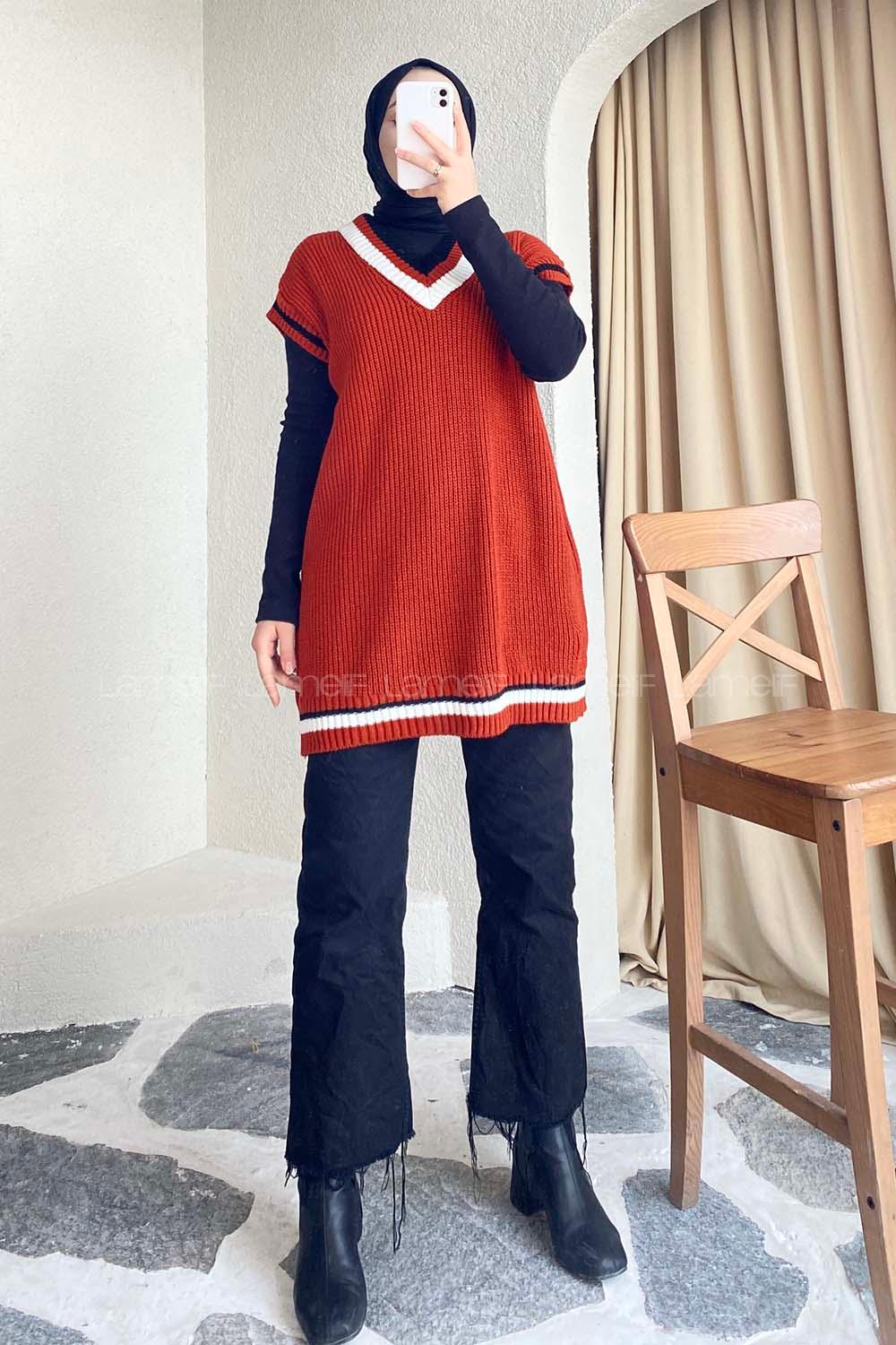 Modalamelif Yaka Renk Garnili Süveter Kiremit