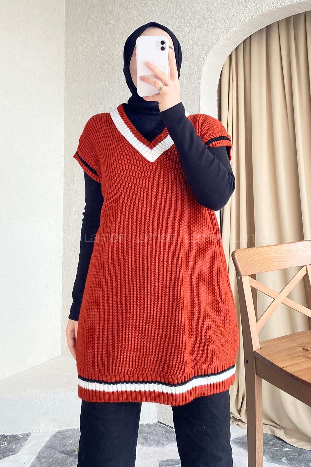 Modalamelif Yaka Renk Garnili Süveter Kiremit