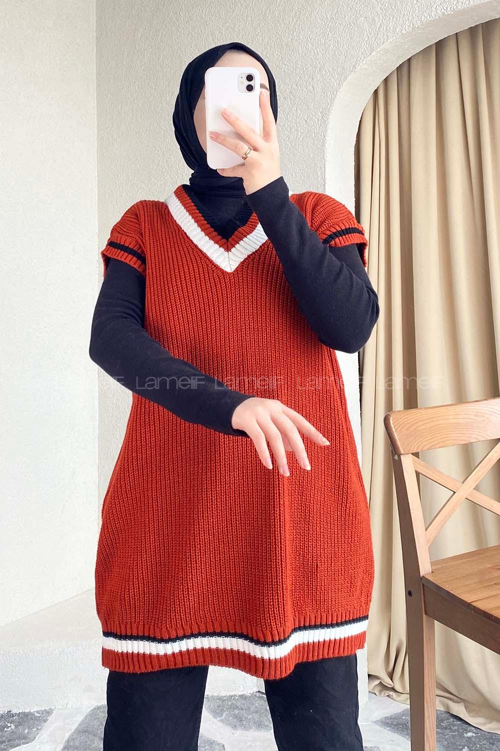 Modalamelif Yaka Renk Garnili Süveter Kiremit