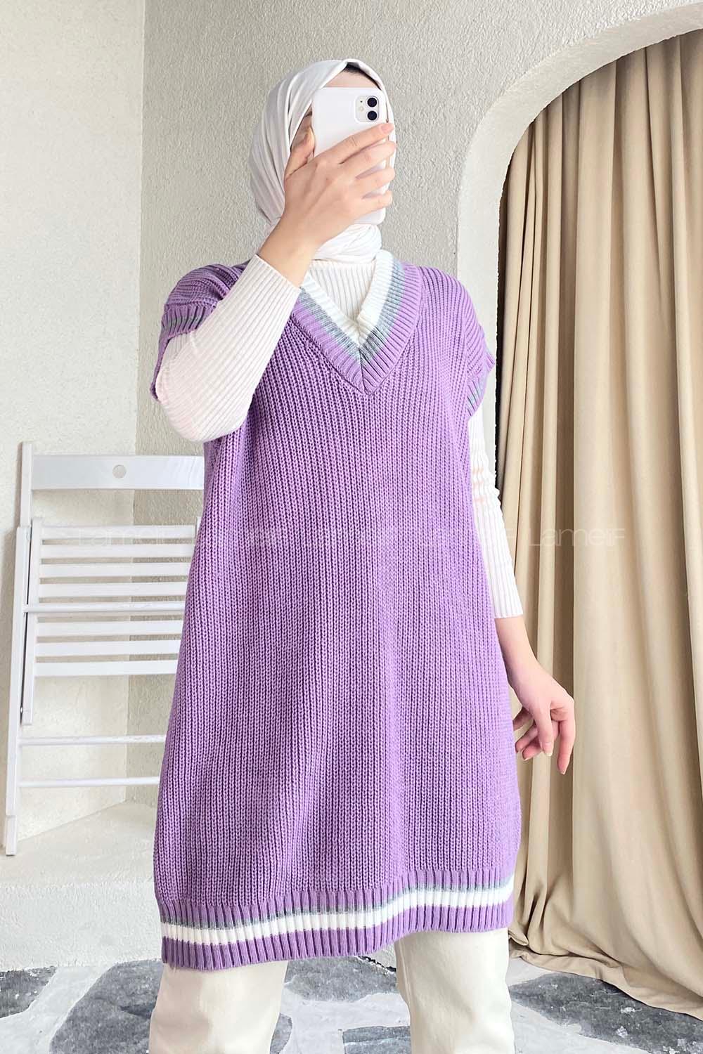 Modalamelif Yaka Renk Garnili Süveter Lila