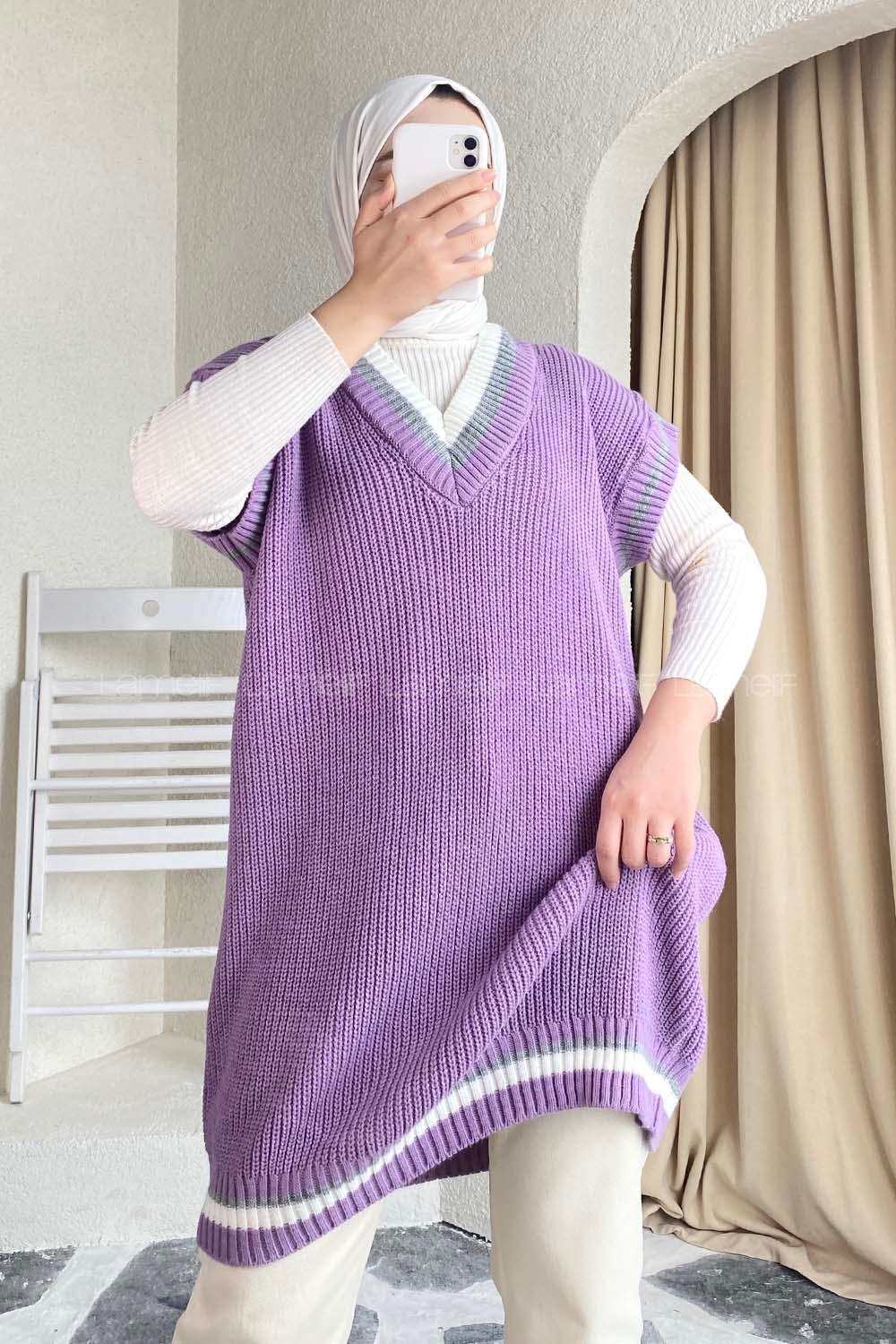 Modalamelif Yaka Renk Garnili Süveter Lila